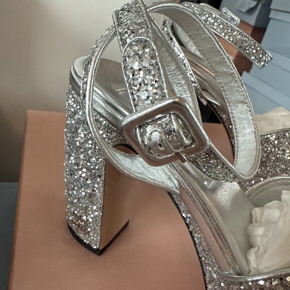 NWT Miu Miu Platform Ankle Strap Sandals Silver Glitter Crisscross Straps Sz 36 - Picture 5 of 11